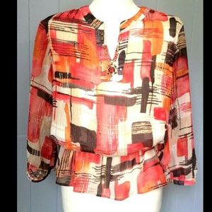 BoHo Ethnic Print Flounce Blouse Top Beaded Sheer